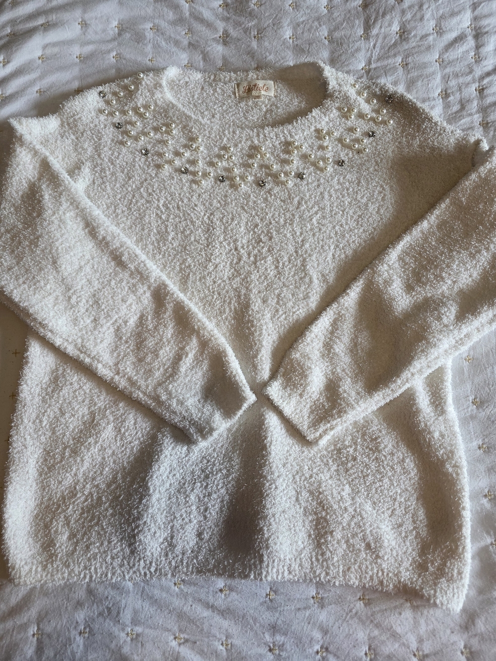 Listicle Ivory Crewneck Sweater with Pearl & Crystal Embellishments